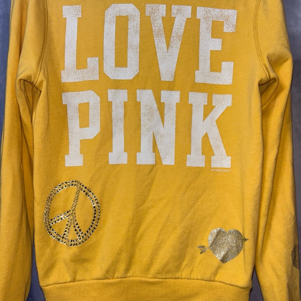 Y2K Victoria’s Secret Pink Yellow Bling Jacket Full Zip Hoodie Sweatshirt  M - Picture 3 of 7